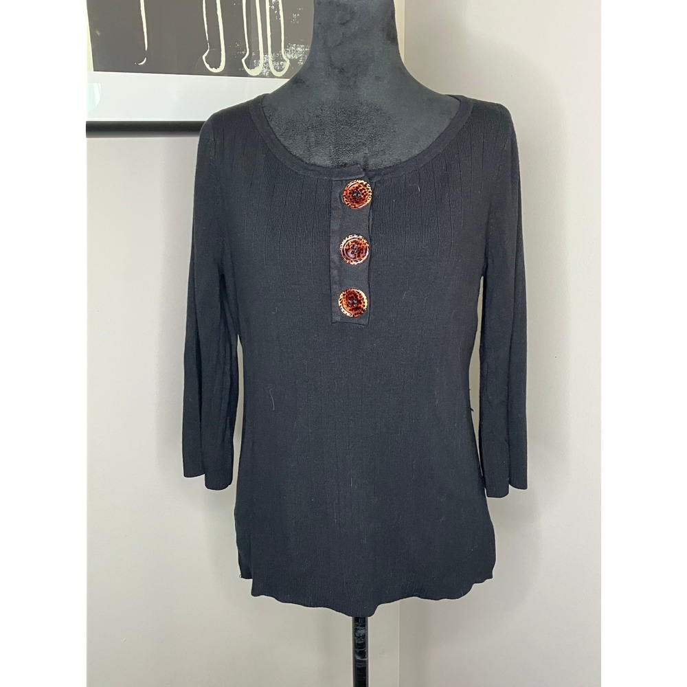Linda Matthews Pullover Sweater Chunky Buttons‎ Bell 3/4 Sleeve Black Large
